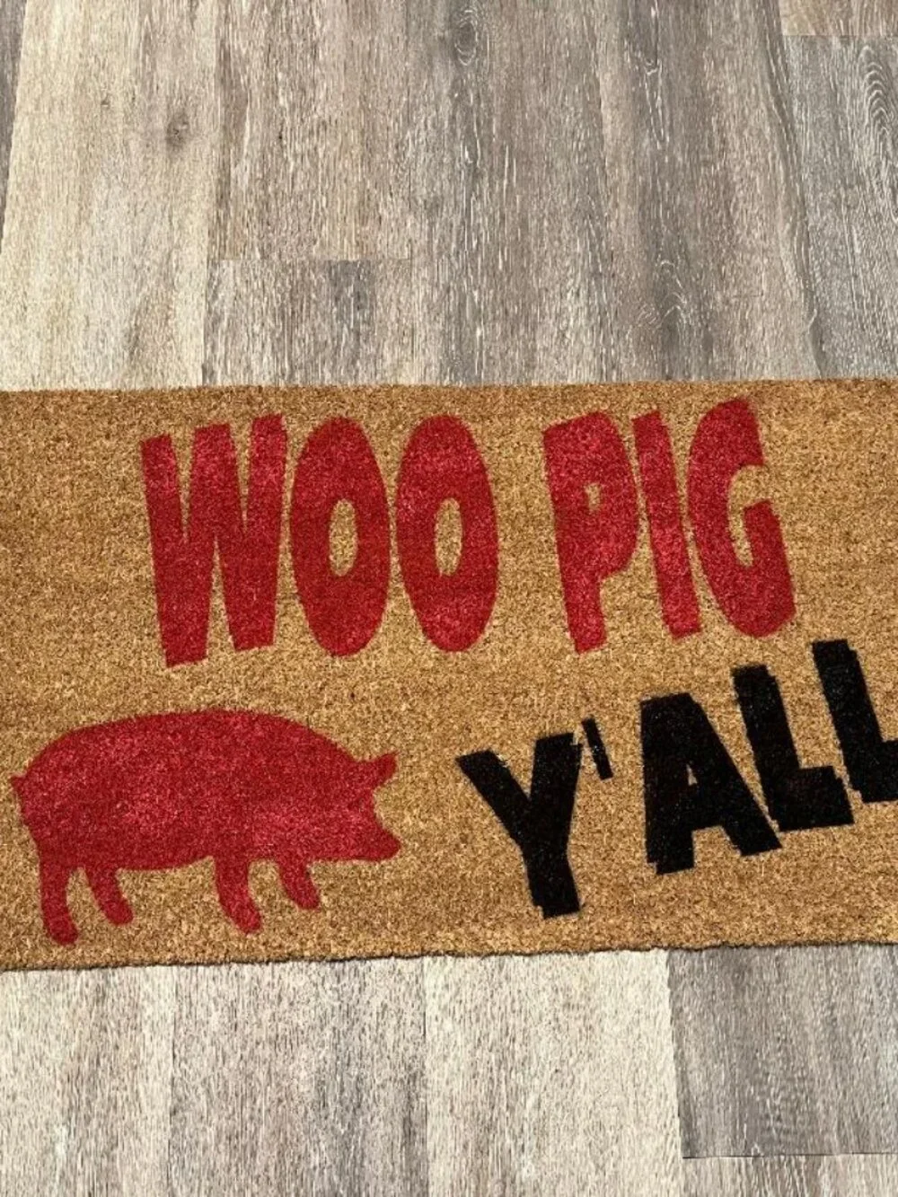 WOO PIG Y'ALL with cute Pig decorative coir doormat